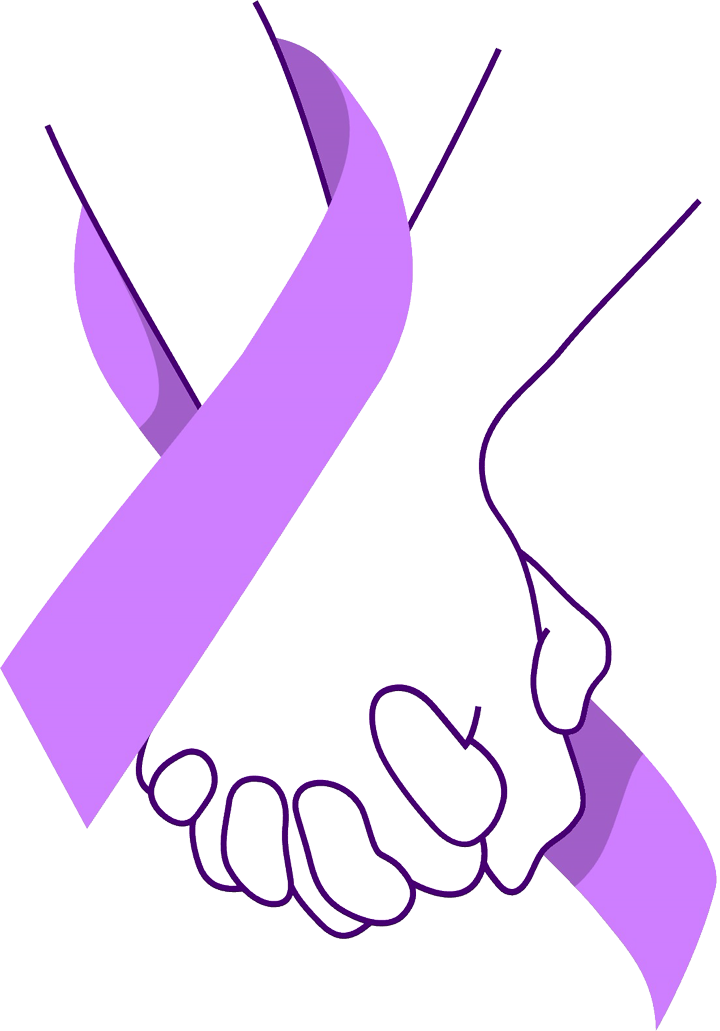 Two hands holding with a purple cancer awareness ribbon